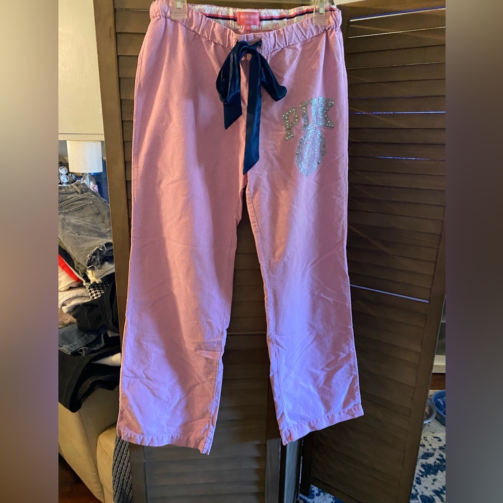 Pink Victoria Secret pj bottoms with Navy Drawstring and sparkly logo